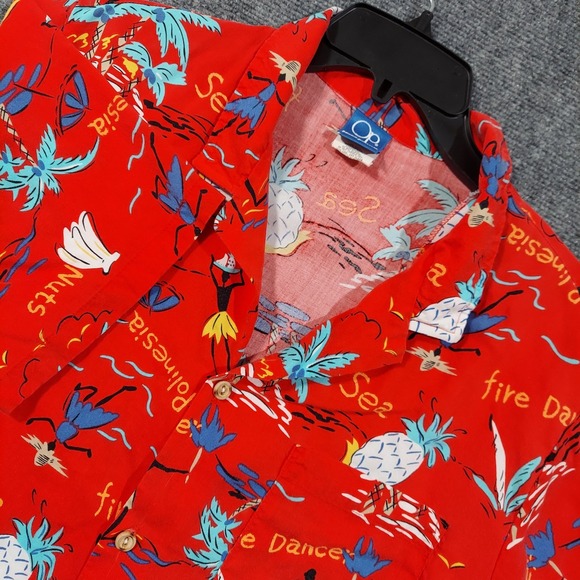 Vintage Ocean Pacific Shirt Mens Large Red Hawaiian Fire Dance‎ Pineapple USA - Picture 1 of 9